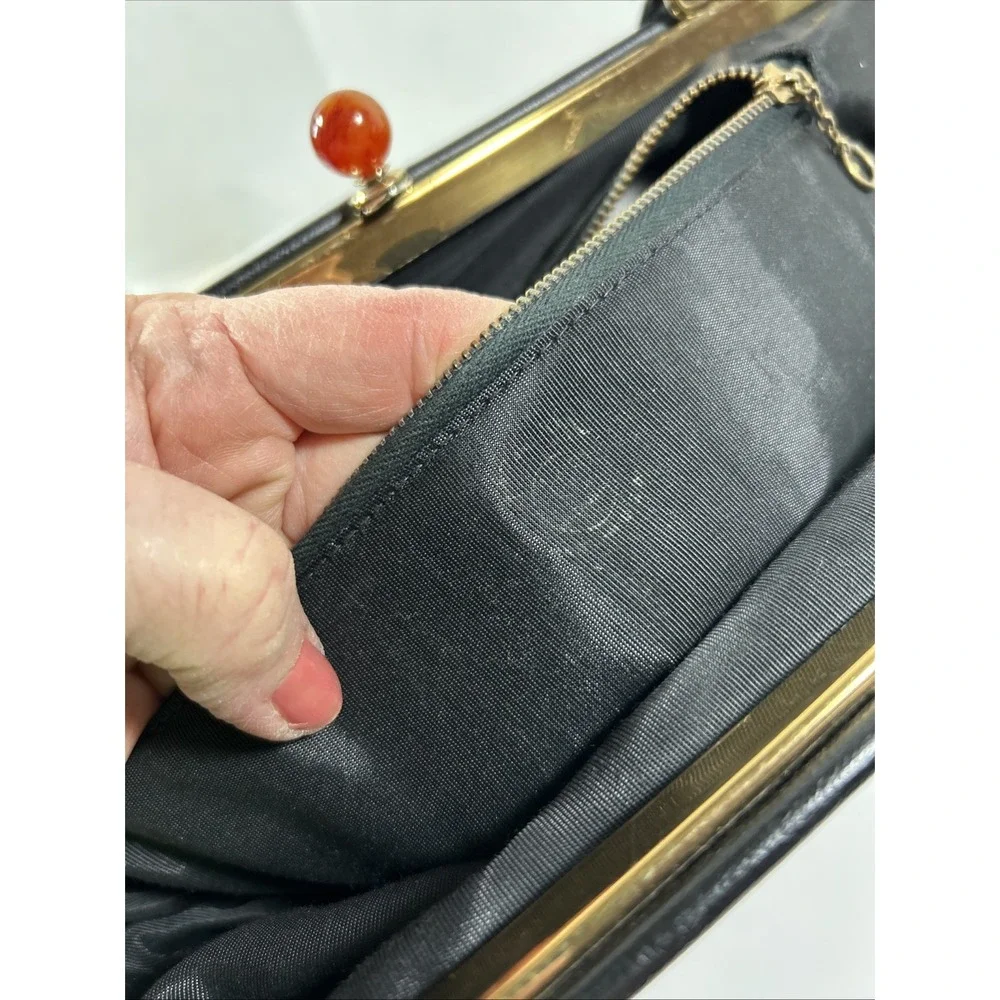 Vintage Black‎ Flocked Velvet Scroll Clutch Purse With Handle 11 1/2 X 8